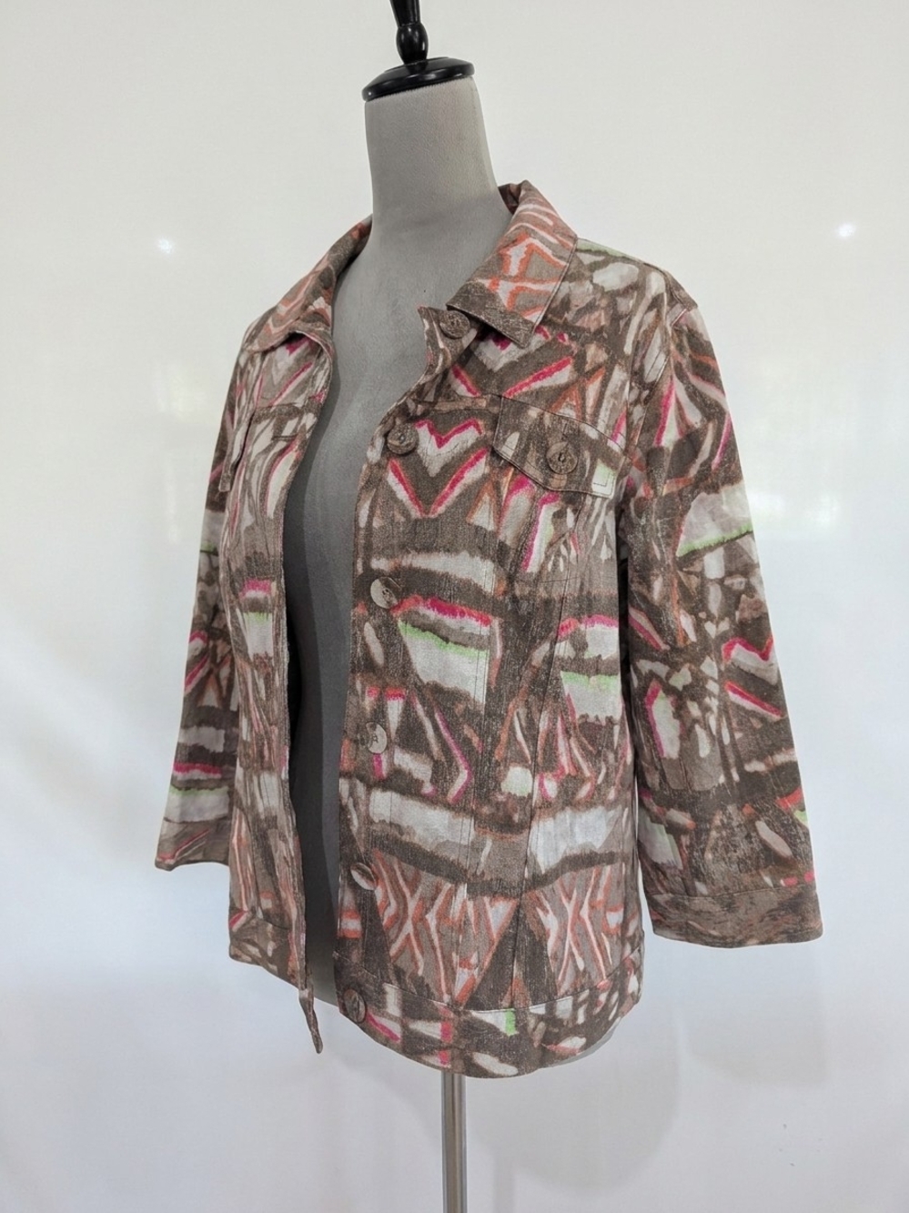 Chico's Brown Abstract Pattern Jacket with Pink & Cream Accents